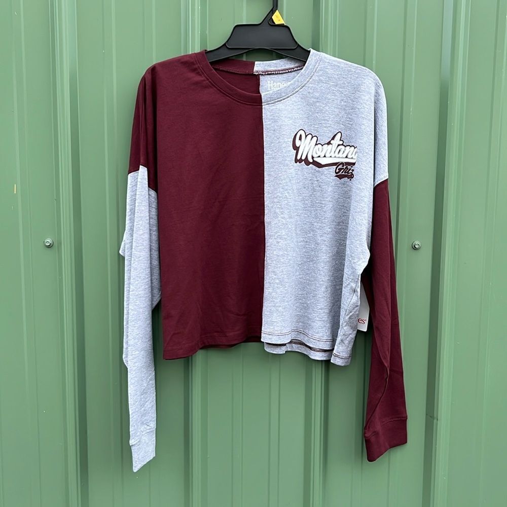 Montana Griz Cropped Oversized Color Block Long Sleeve T-Shirt Size L
